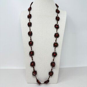 Vintage Artisan Handmade Seed Nut Beaded Flower Necklace Hawaiian Tropical